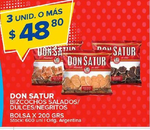 Oferta de Bizcochos Don Satur salados/dulces/negritos 200g por $48,8