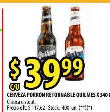 Oferta de Cerveza porrón Quilmes retornable 340cc por $39,99