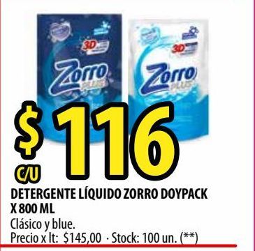 Oferta de Detergente líquido Zorro doypack 800ml por $116