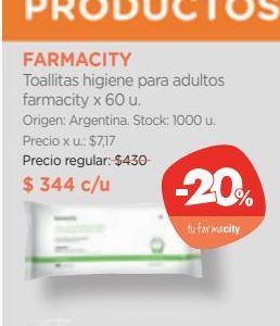 Oferta de Toallitas higiene para adultos farmacity x 60 u. por $344