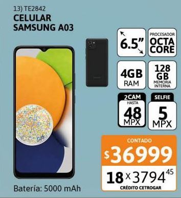 Oferta de Celular Samsung A03 6,5" 4/128GB Negro por $36999