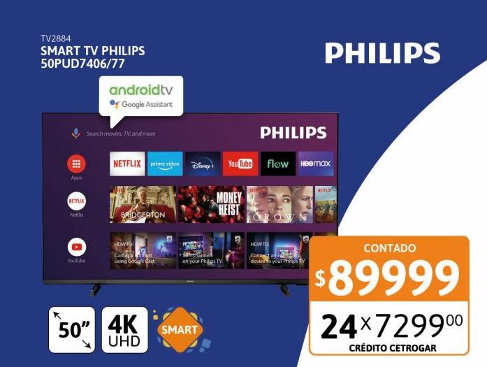 Oferta de Smart TV 50" Philips 50PUD7406/77 4K Ultra HD por $89999