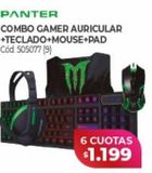 Oferta de Combo gamer auricular + teclado + mouse + pad Panter por $1199 en Naldo Lombardi
