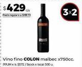 Oferta de Vino fino Colón malbec 750cc por $429 en Disco