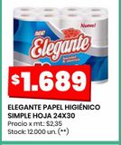 Oferta de ELEGANTE PAPEL HIGIÉNICO SIMPLE HOJA 24X30 por $1689 en Changomas