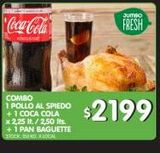 Oferta de Combo 1 pollo al spiedo + 1 gaseosa Coca Cola + 1 Pan Baguette por $2199 en Jumbo