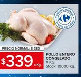 Oferta de Pollo Entero Congelado  por $339 en Carrefour Maxi