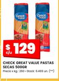 Oferta de Pastas secas Great Value 500g por $129 en HiperChangomas