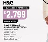 Oferta de Campera liviana lisa para niños y niñas H&G por $2799 en Changomas