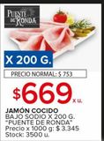 Oferta de Jamón cocido bajo sodio x 200g Puente de Ronda por $669 en Carrefour Maxi