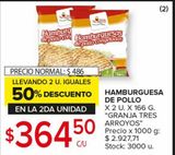 Oferta de Hamburguesa de pollo Granja Tres Arroyos x 2uni x 166g por $364,5 en Carrefour Maxi