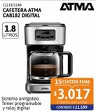 Oferta de Cafetera Atma CA8182 12T Digital con timer por $21599 en Cetrogar
