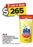 Oferta de Lavavajilla Ala concentrado limón repuesto x 450cc por $265 en Carrefour Maxi